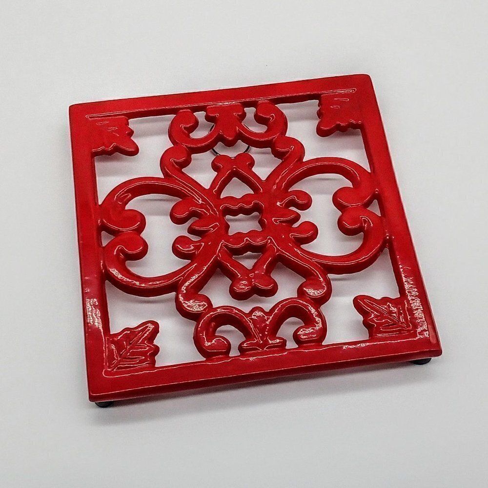 Red Enamel Square Cast Iron Footed Trivet